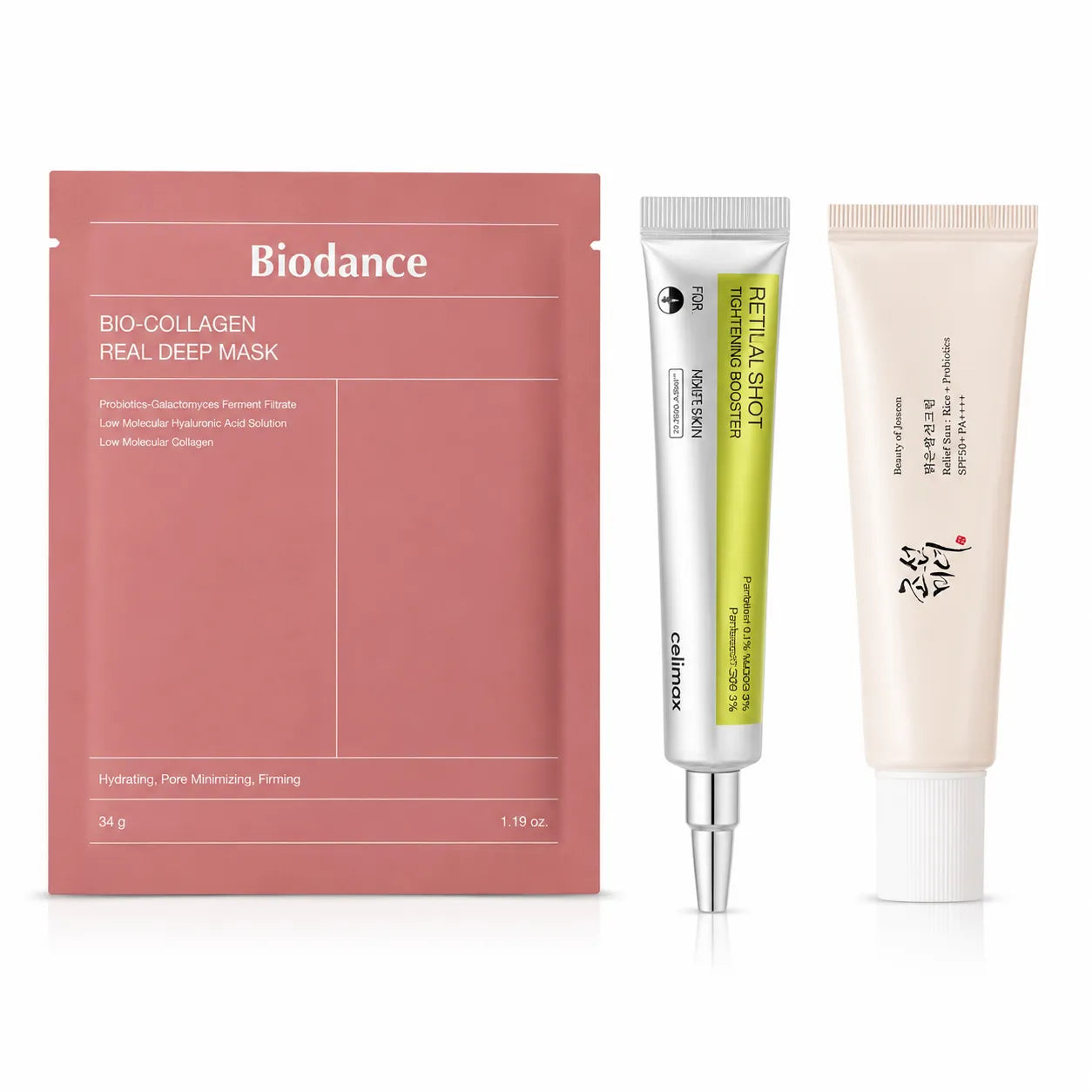 Retinol Glow Bundle — Celimax Retinal Shot + Biodance Mask + Beauty of Joseon Sunscreen