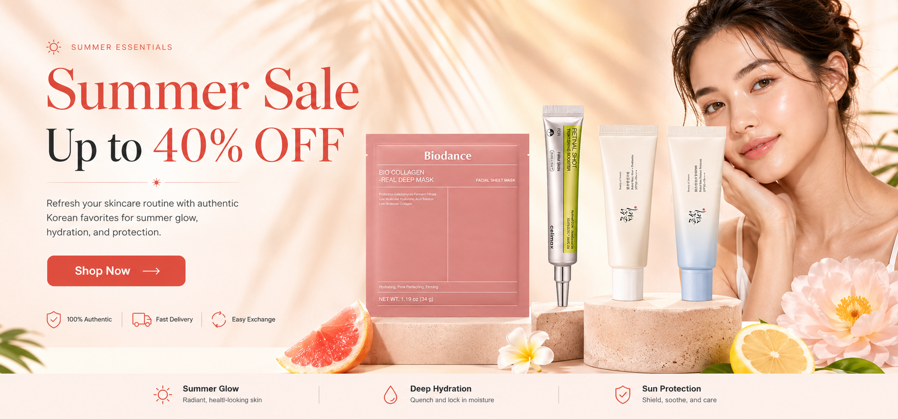 Korean skincare products with a woman and promotional text for a summer sale.