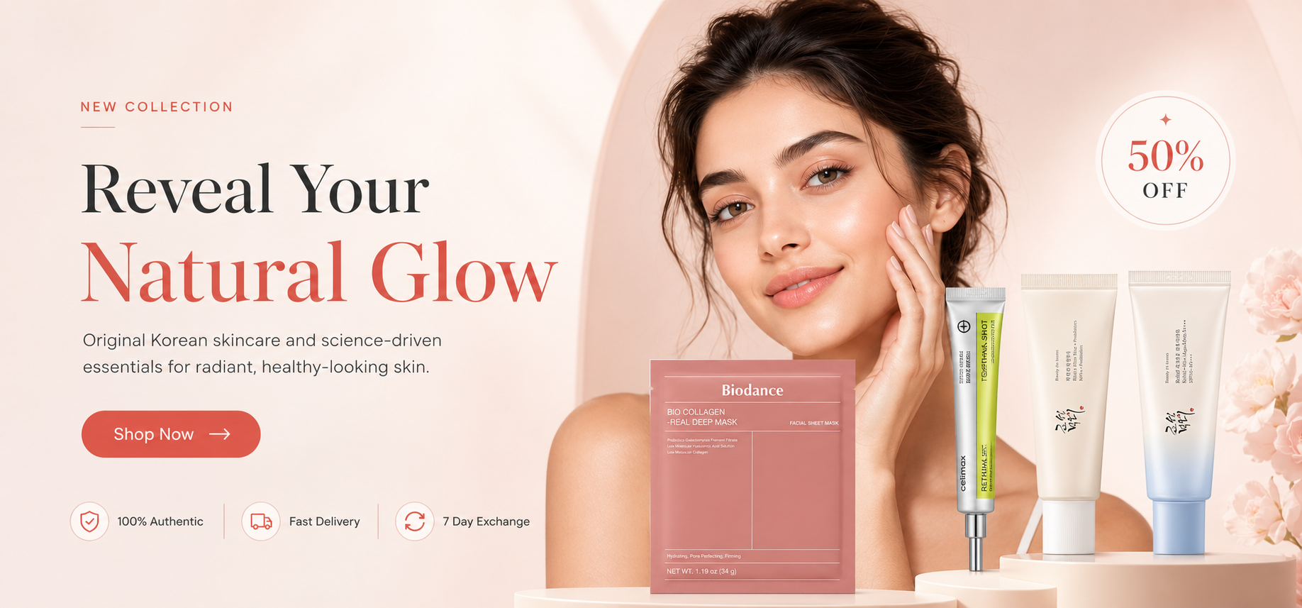 Woman with skincare products and promotional text on a beige background